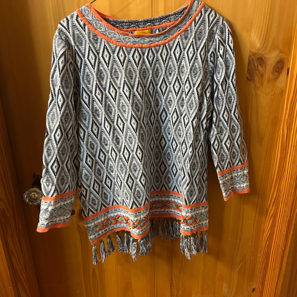 Ruby Rd. Navy Diamond Knit Tunic with Orange Trim and Fringe